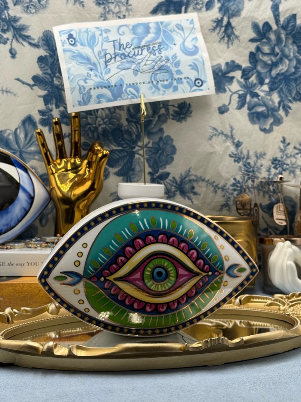 🆕 THE PROCURESS COLLECTION 🧿 All-Seeing Eye Paperweight - Vibrant Teal & Gold - Picture 4 of 15